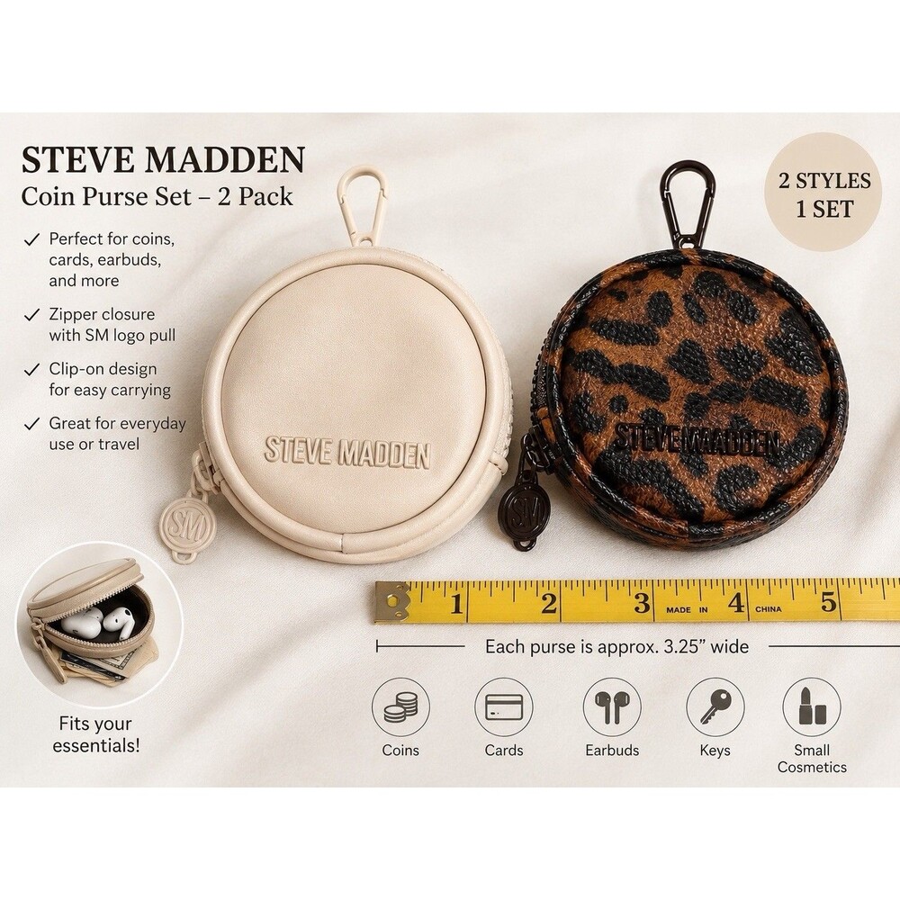 Set Of 2 Steve Madden Round Coin Keychain Purse 4×4 Clip On Leopard And Ivory
